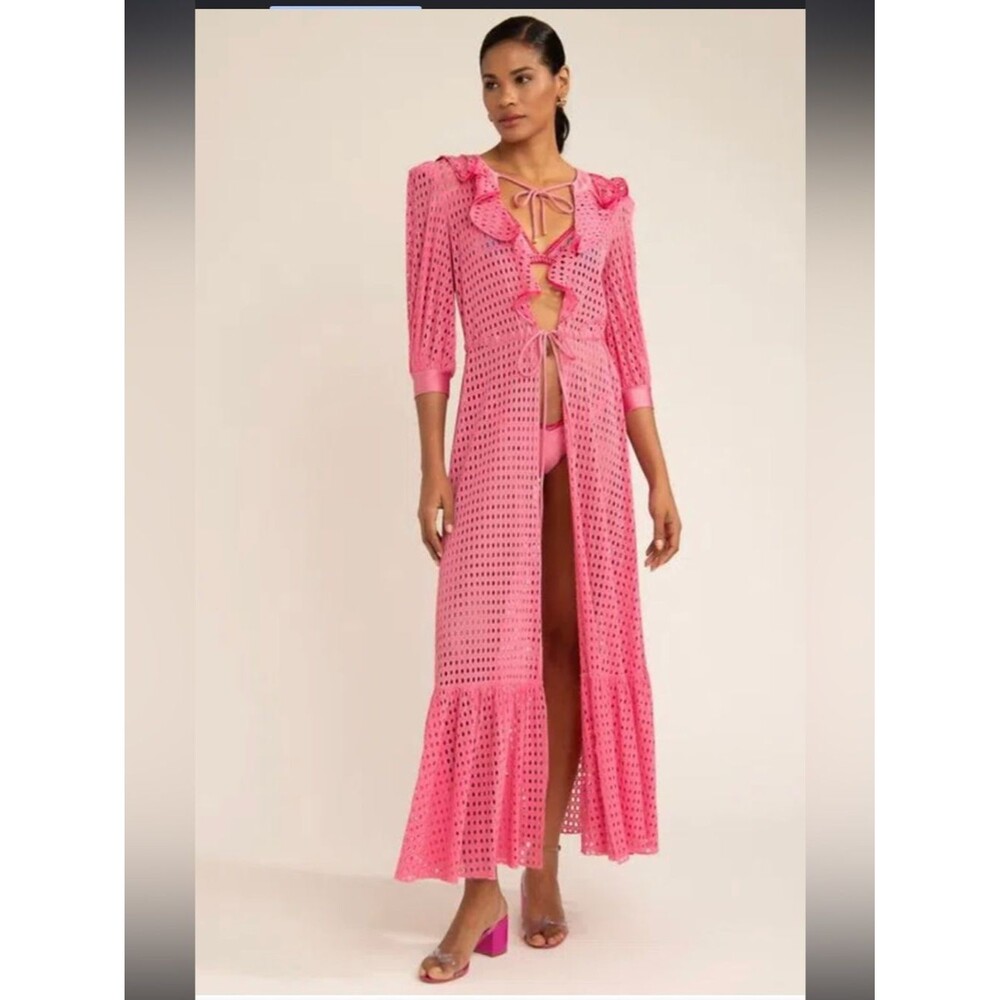 PatBO Pink Crochet Tie-Front Ruffle Maxi Coverup size M swim